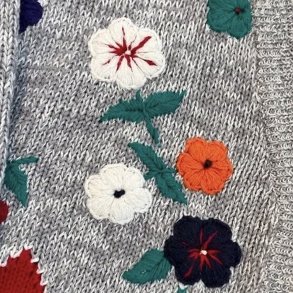 Vtg Cardigan Sweater Women L Floral Yarn Embroidery Argyle Chunky 90s Y2K Preppy - Picture 10 of 11